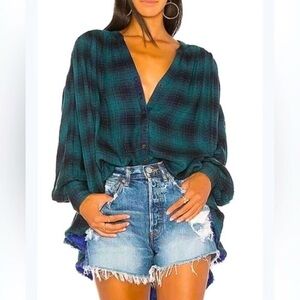 Free People Come On Over Plaid Pleated Button Down Flannal Shirt Size Small Boho